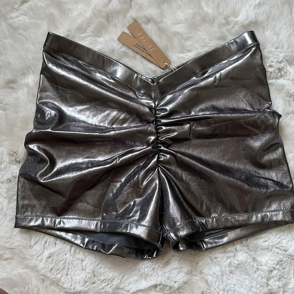 SKIMS Metallic Swim 2PC Set V-Waist Short & Micro Scoop Bikini Top Carbon Size M